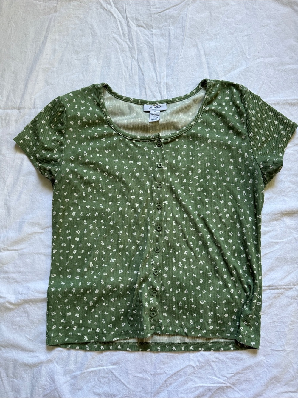 Just Polly Green Floral Button-Front Short Sleeve Tee